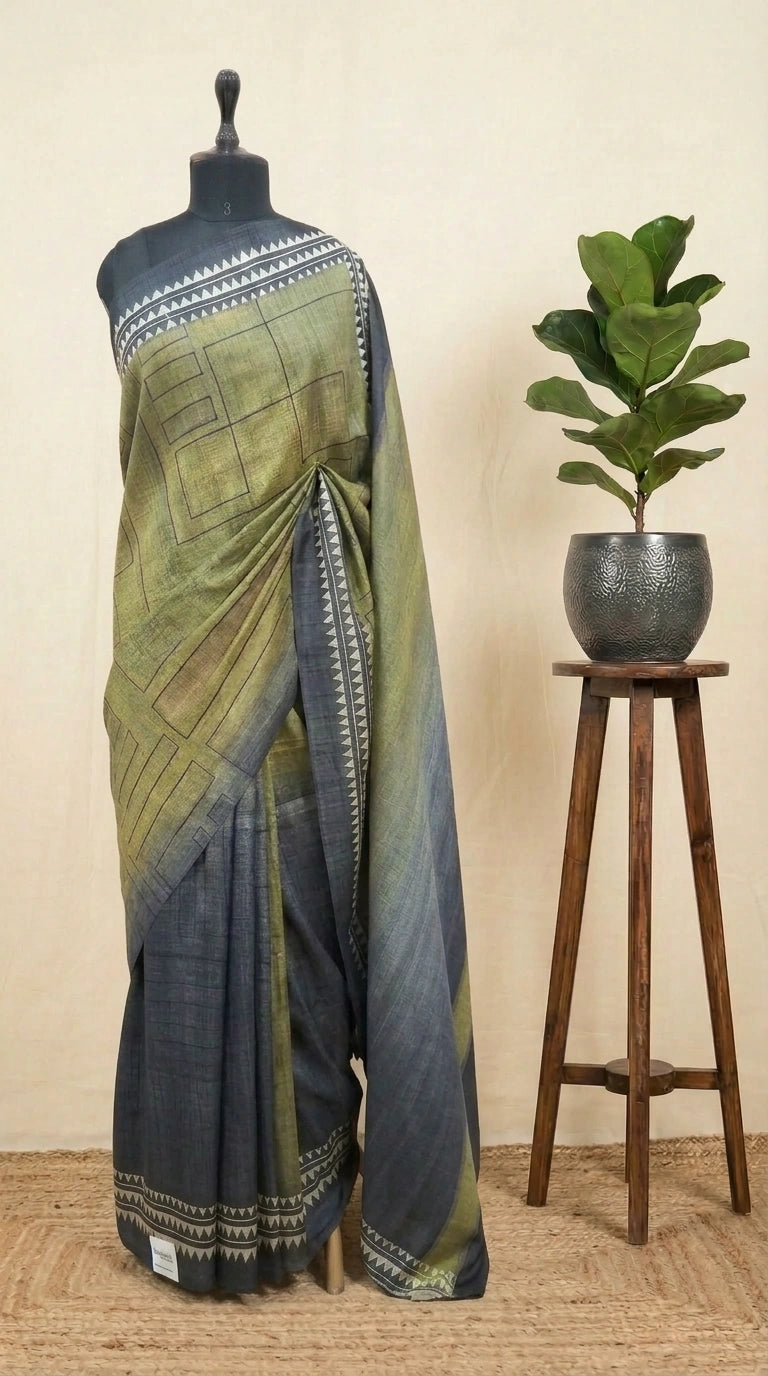 Mehandi Green and Grey shaded Gicha Tussar Saree