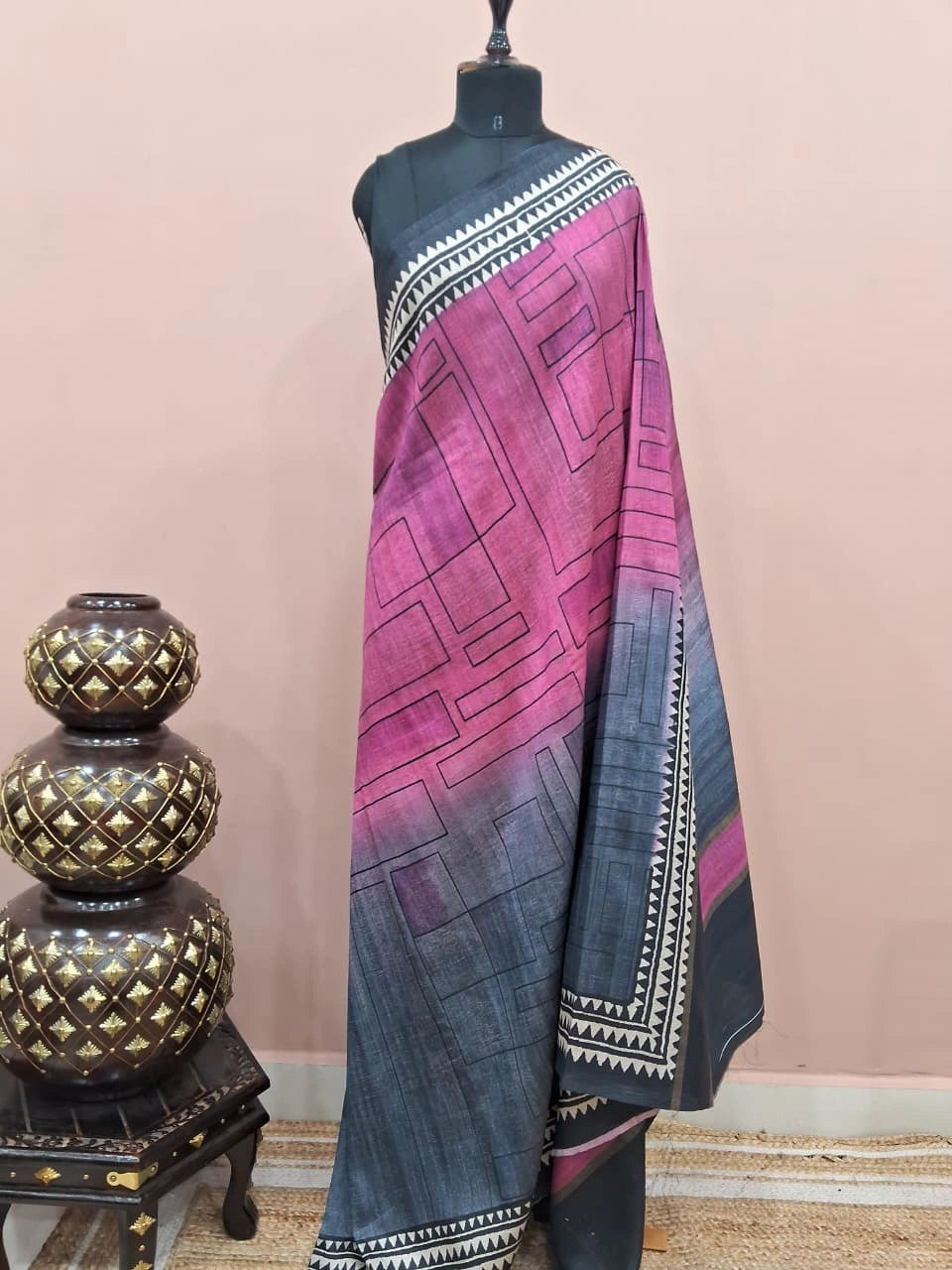 Pink and Grey shaded Gicha Tussar Saree