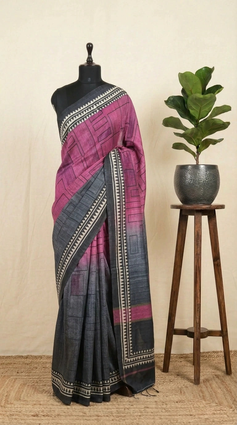 Pink and Grey shaded Gicha Tussar Saree