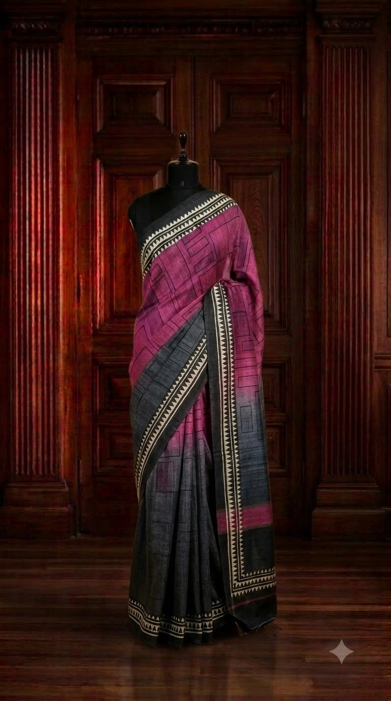 Pink and Grey shaded Gicha Tussar Saree