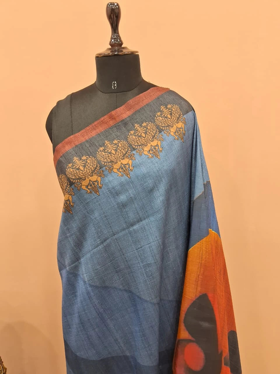 Blue and Grey Shaded Gicha Tussar Saree 1