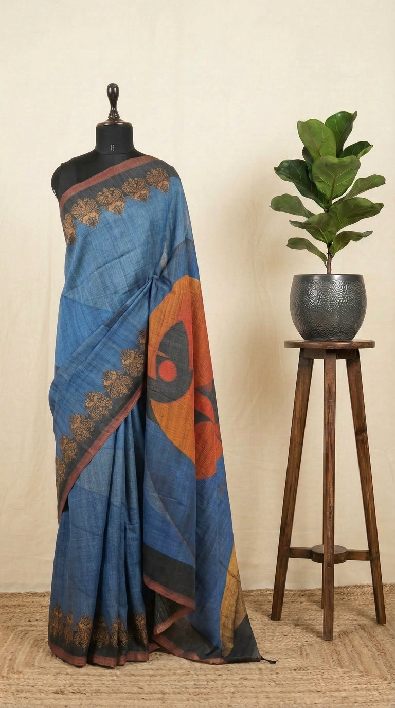 Blue and Grey Shaded Gicha Tussar Saree