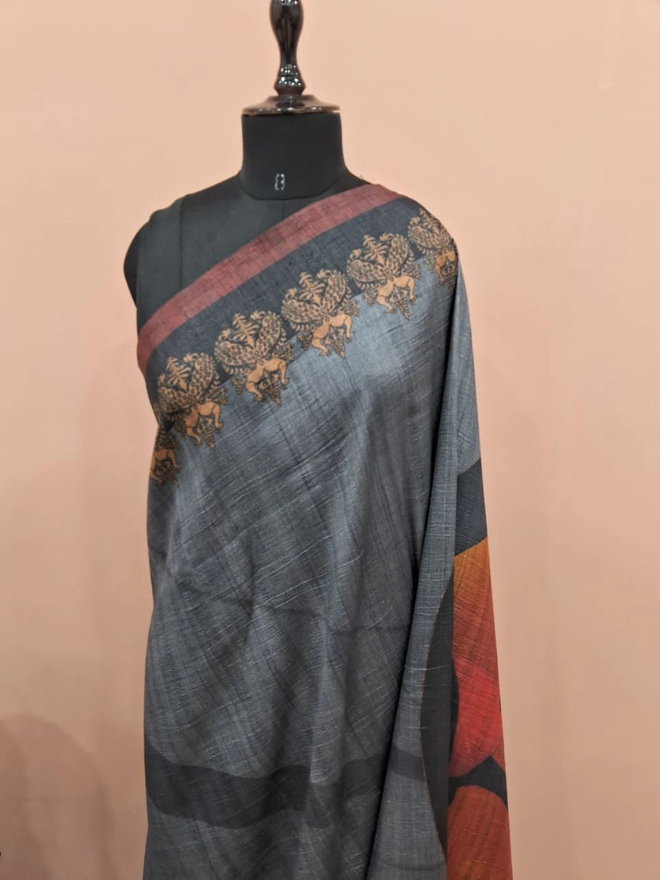 Grey and Black Shaded Gicha Tussar Saree 1