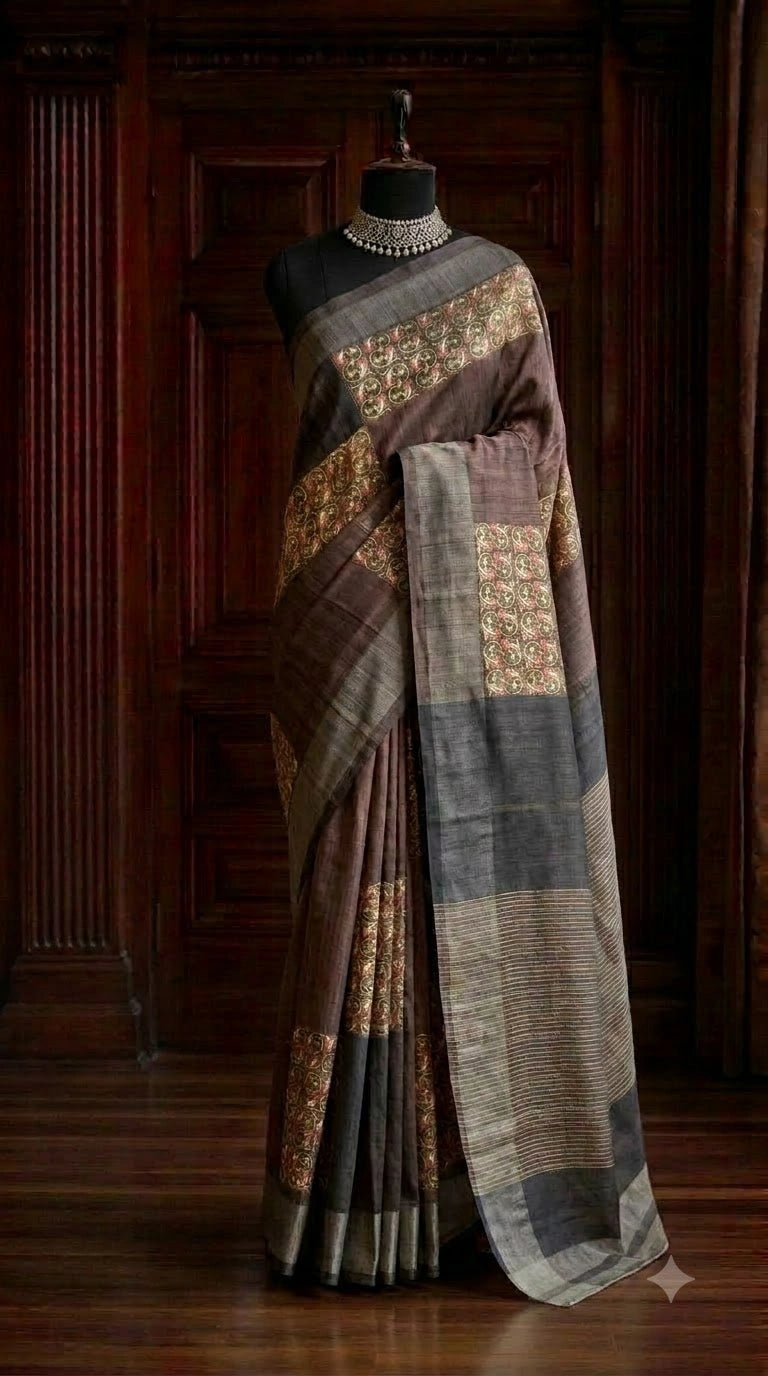 Chocolate Brown and Black Gicha Tussar Saree 