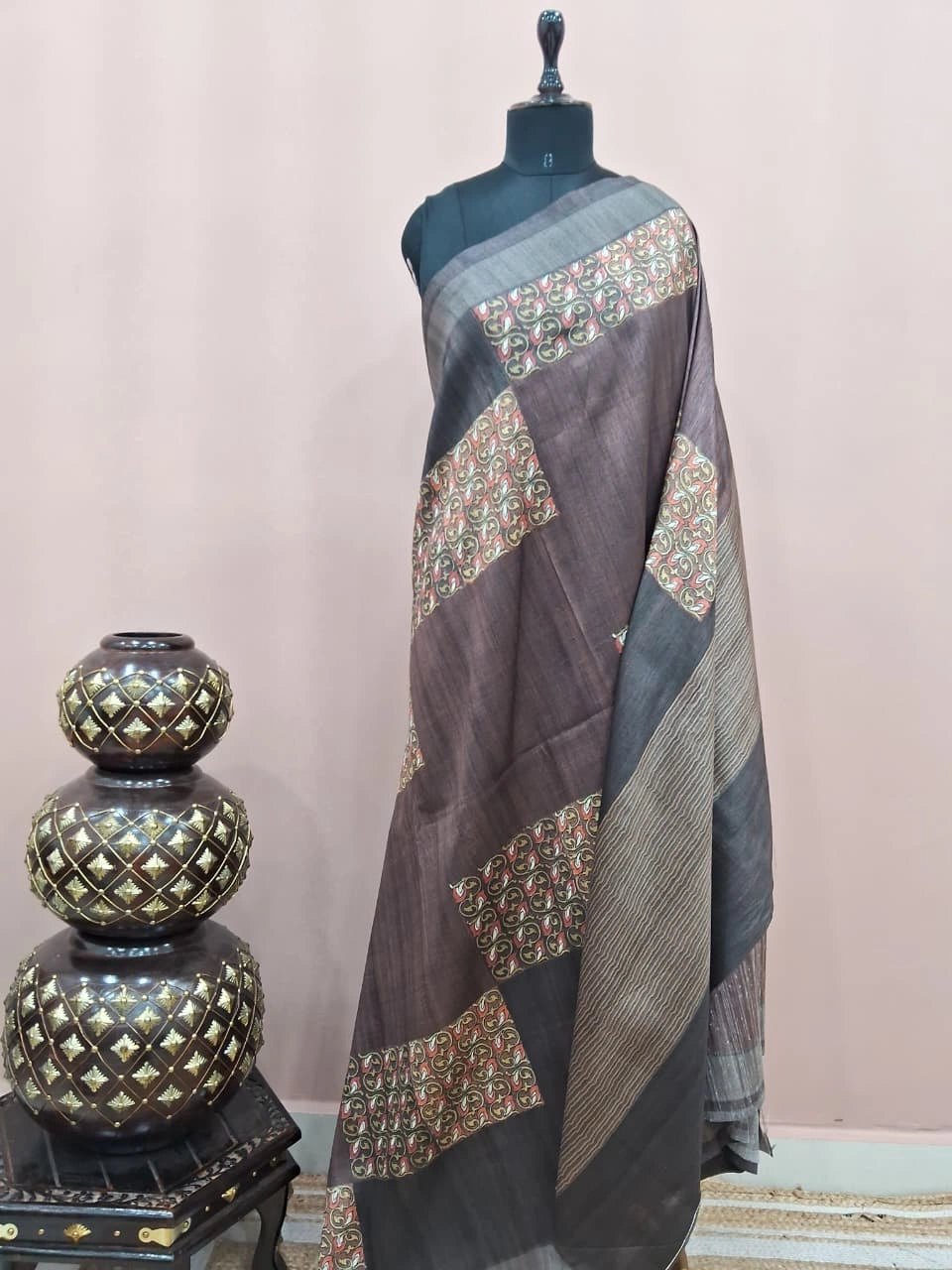 Chocolate Brown and Black Gicha Tussar Saree 