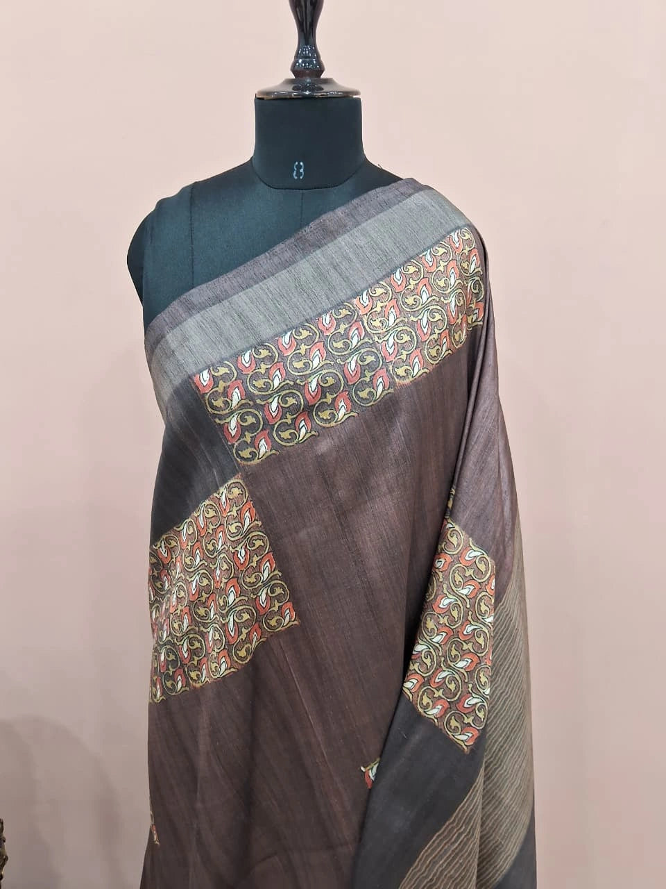 Chocolate Brown and Black Gicha Tussar Saree 1