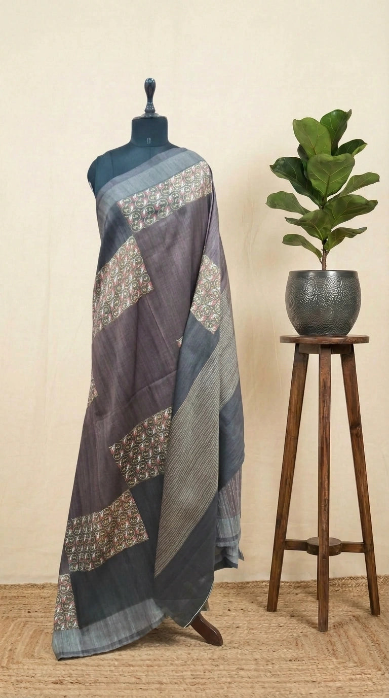 Chocolate Brown and Black Gicha Tussar Saree