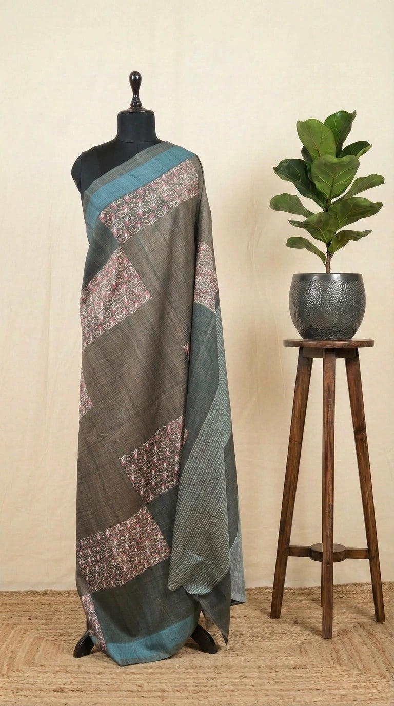 Brown Shaded and Black Gicha Tussar Saree