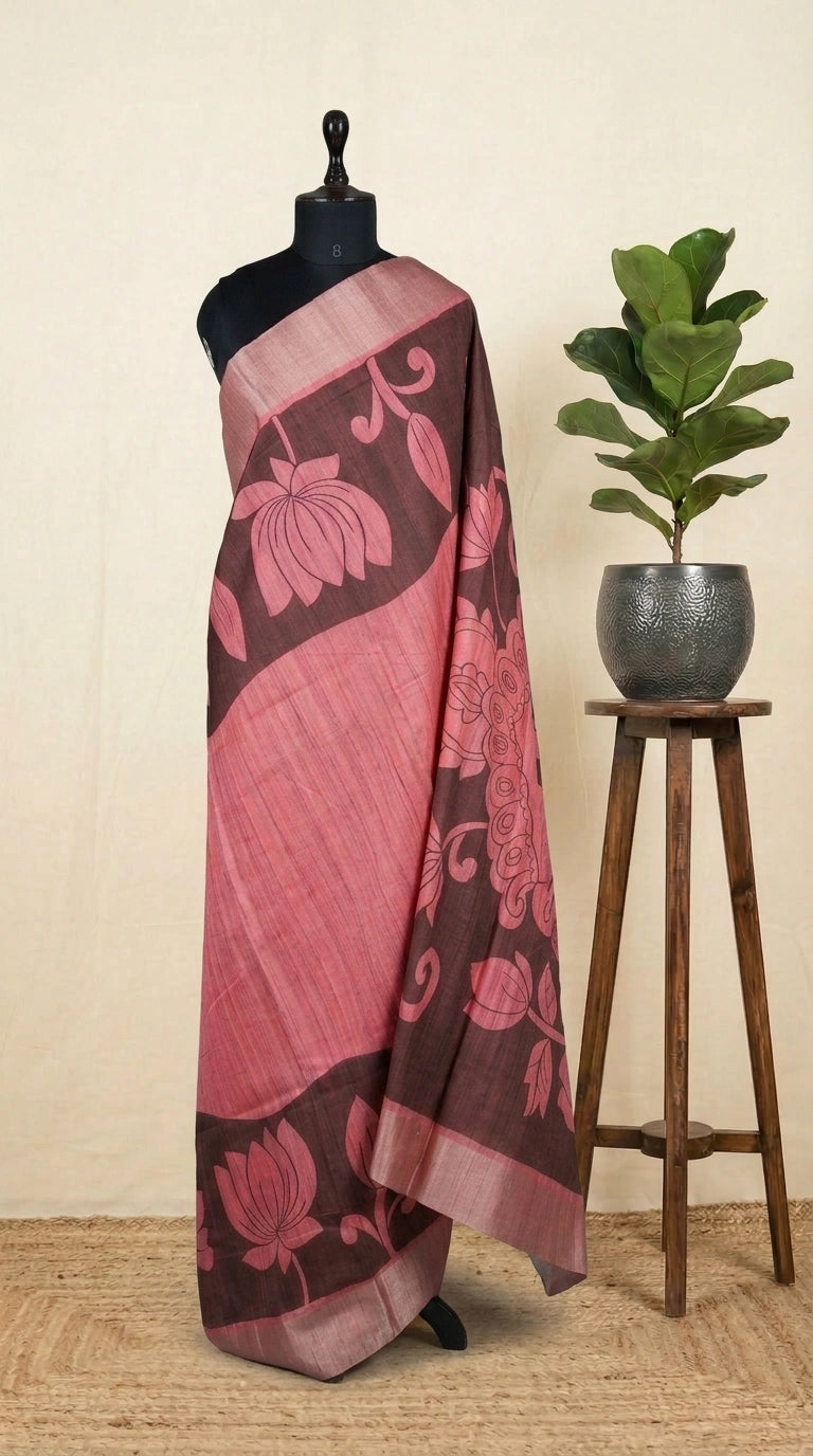 Peach Pink Semi Tussar Saree
