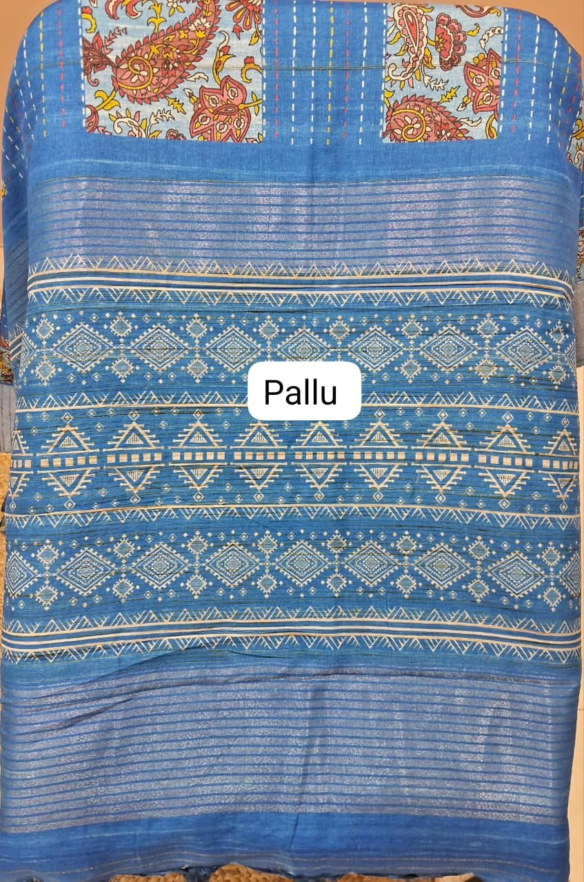Blue Semi Tussar Saree pallu