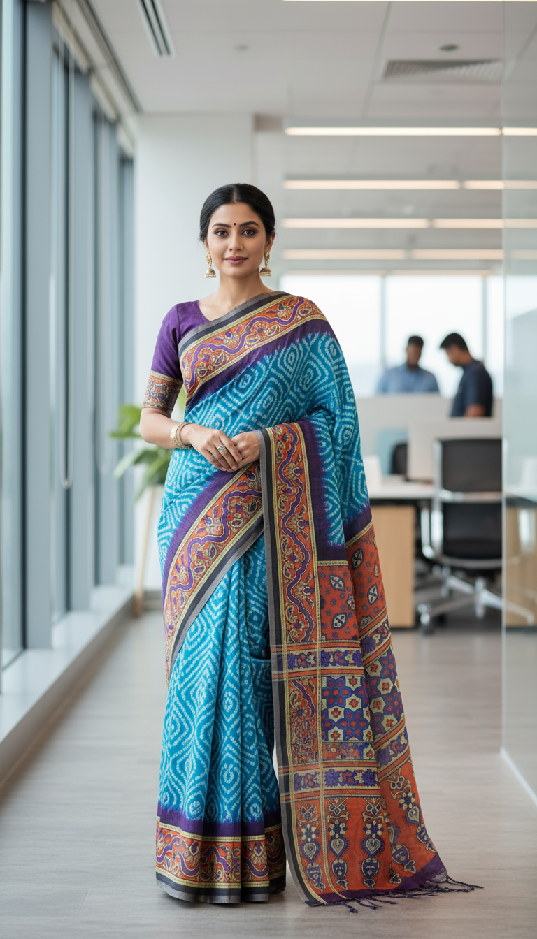 Sky Blue Semi Tussar Saree