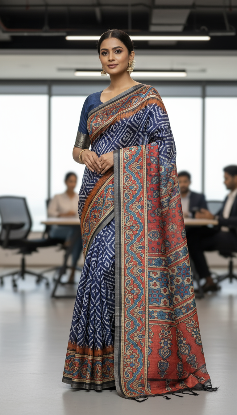 Navy Blue Semi Tussar Saree
