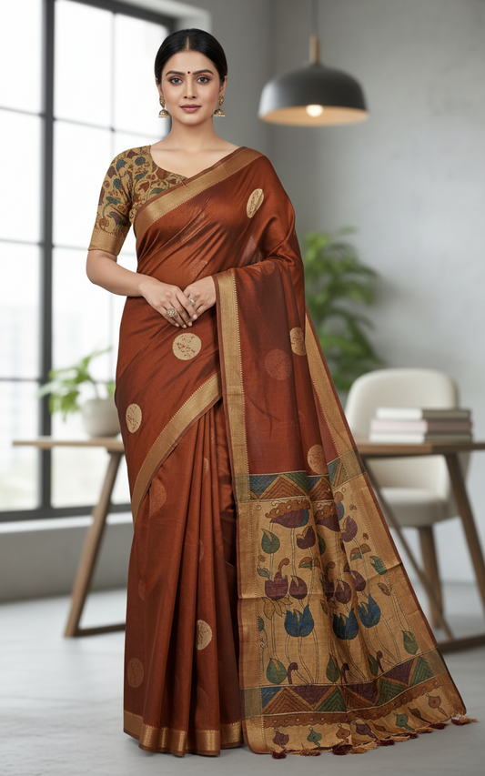 Brick Red Semi Tussar Saree 