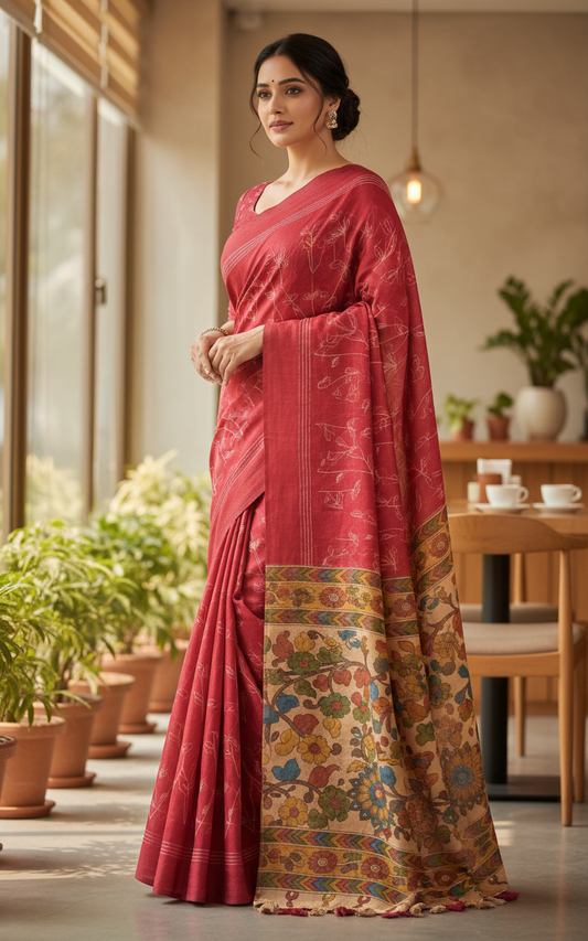 Tomato Red Semi Tussar Saree