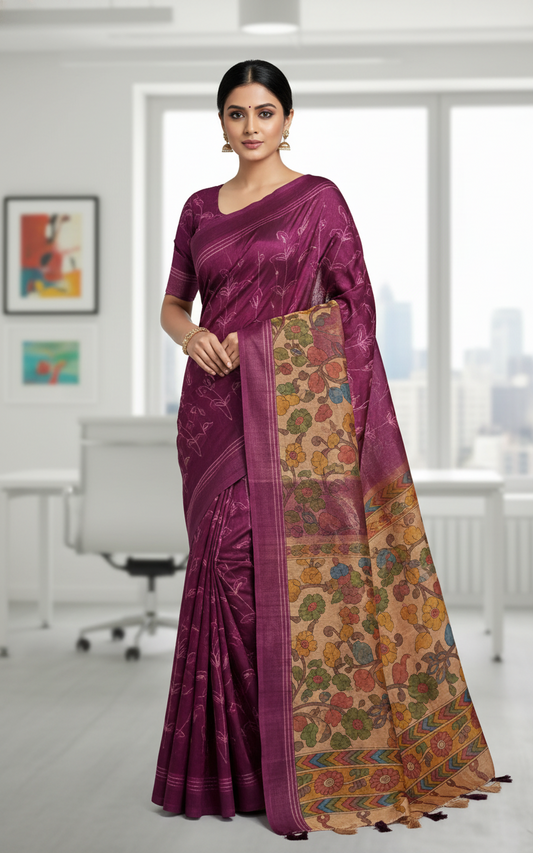 Wine Semi Tussar Saree