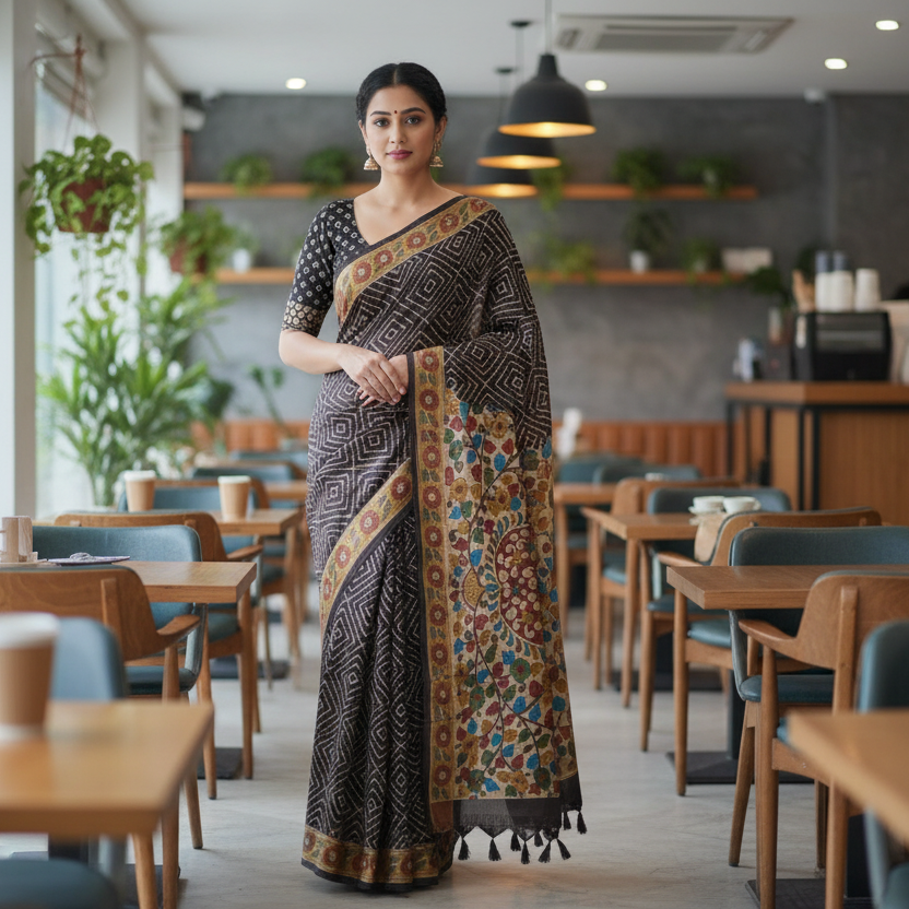 Dark Brown Semi Tussar Saree Pallu