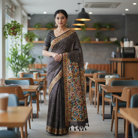 Dark Brown Semi Tussar Saree Pallu