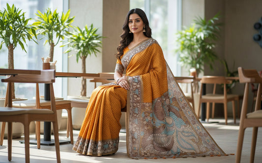 Mango Yellow Semi Tussar Saree