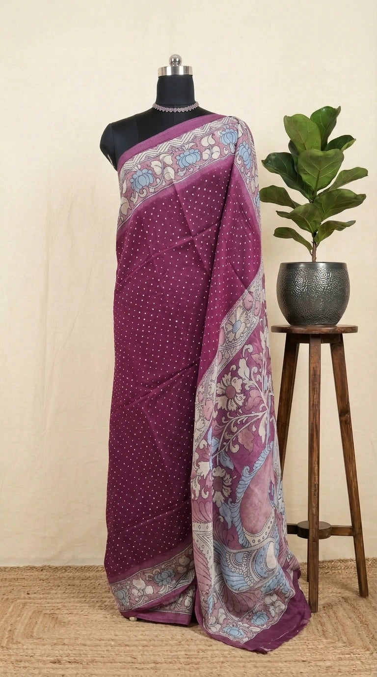 Wine Semi Tussar Saree with White Dot Print