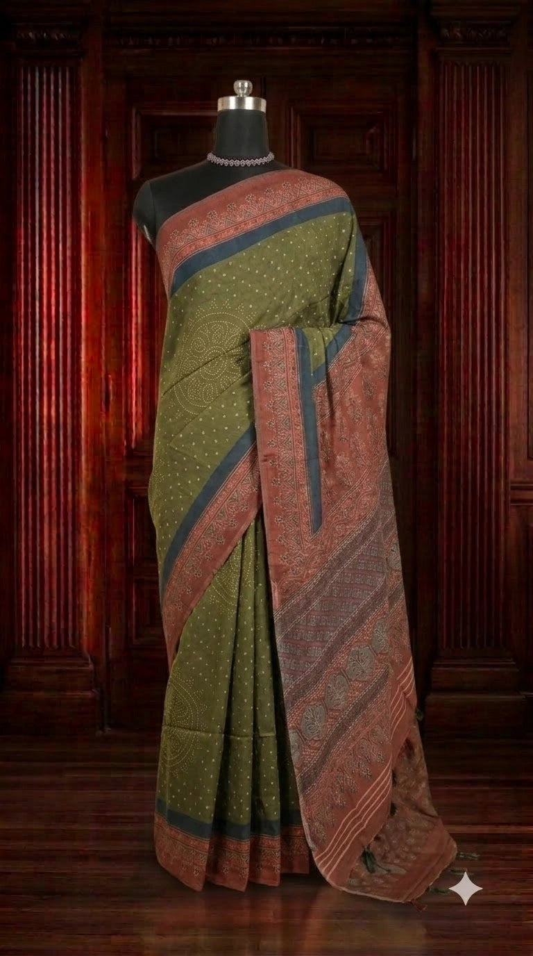 Mehandi Green Semi Tussar Saree
