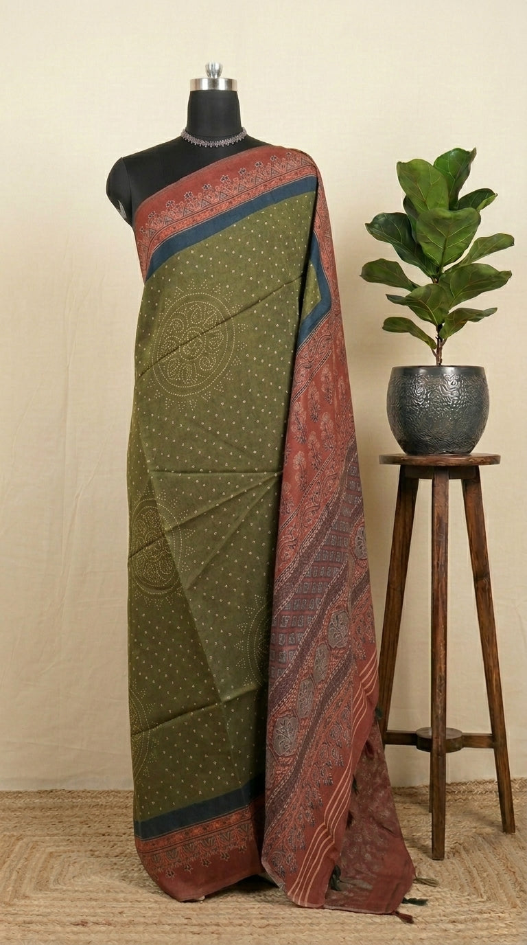 Mehandi Green Semi Tussar Saree