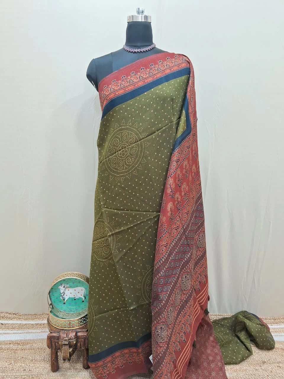 Mehandi Green Semi Tussar Saree