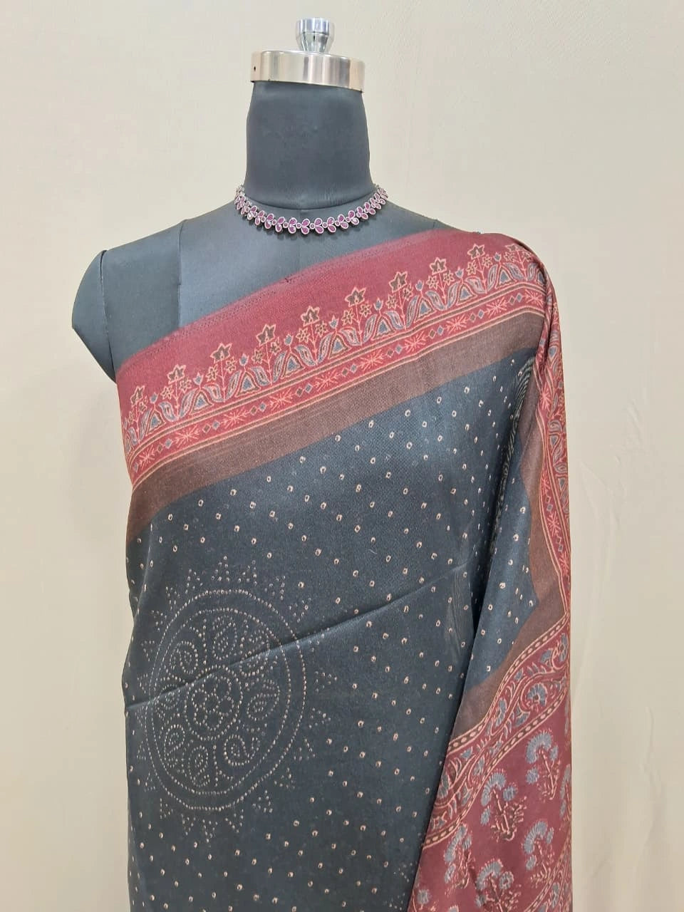 Black Semi Tussar Saree with Cream Bandini Print 1