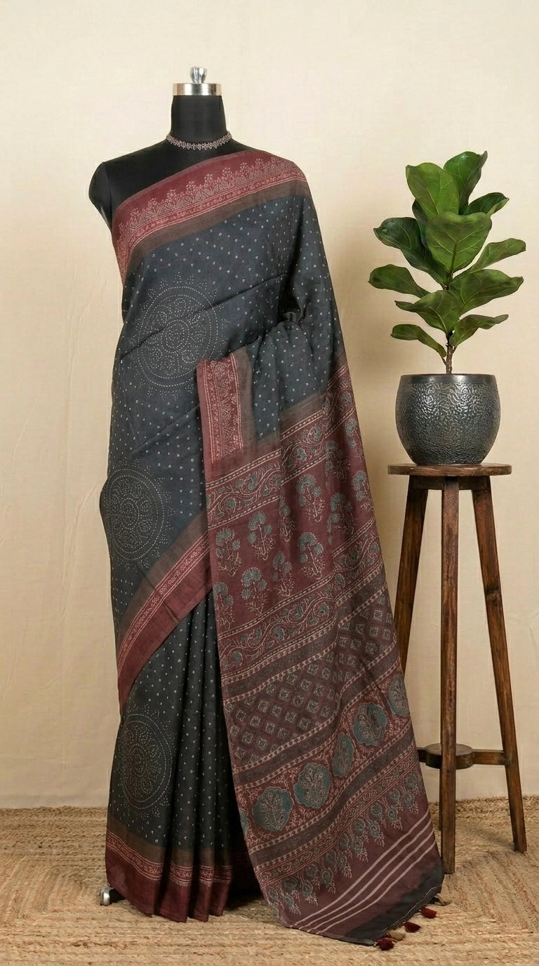 Black Semi Tussar Saree with Cream Bandini Print