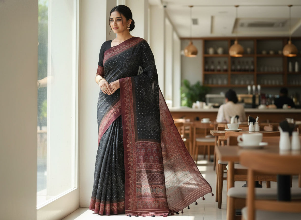 Black Semi Tussar Saree 