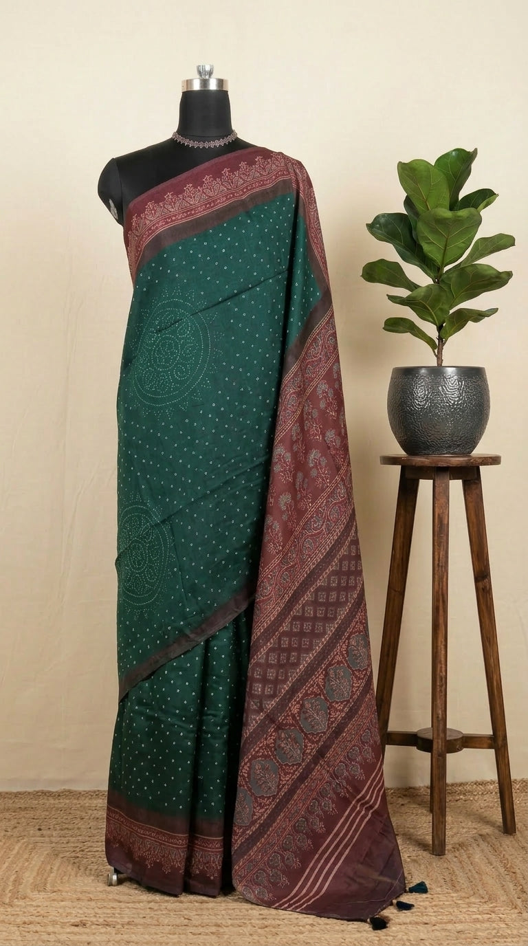 Dark Green Semi Tussar Saree