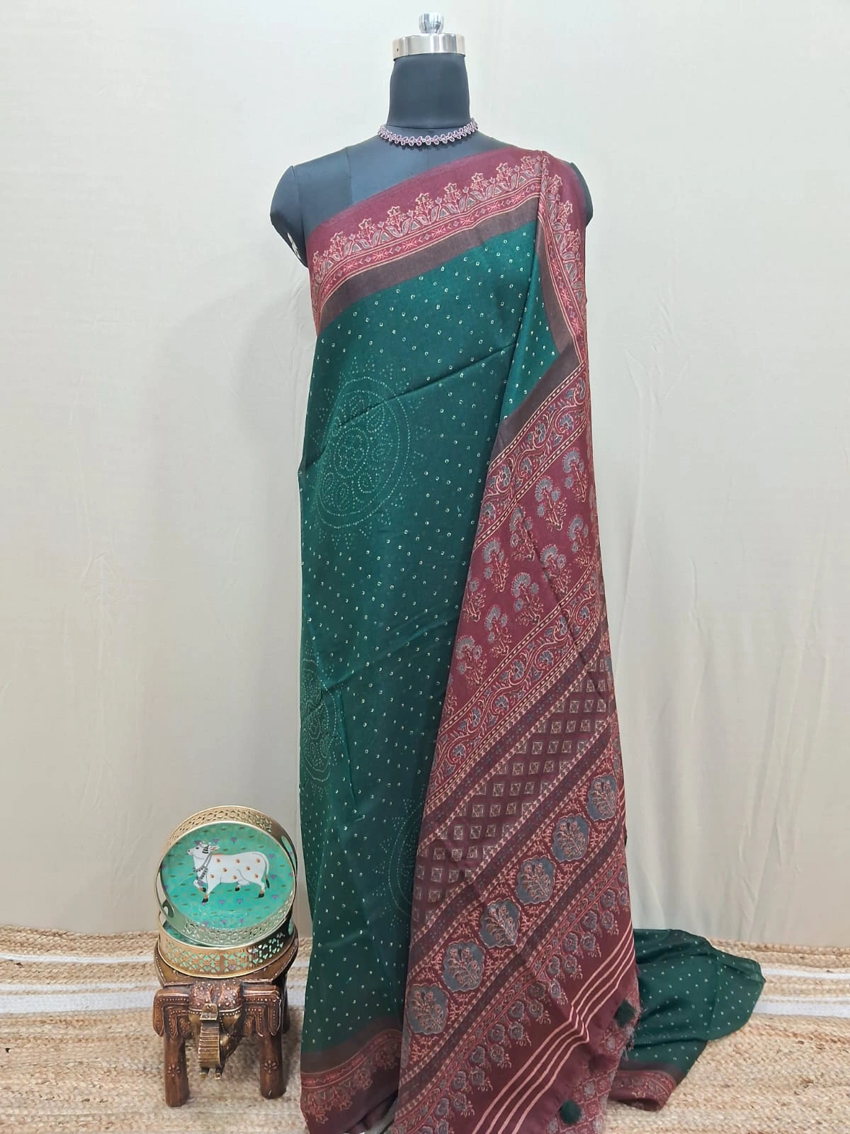 Dark Green Semi Tussar Saree