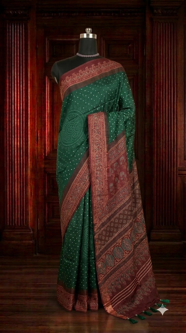 Dark Green Semi Tussar Saree