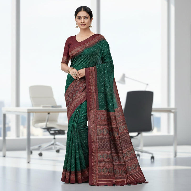 Dark Green Semi Tussar Saree 