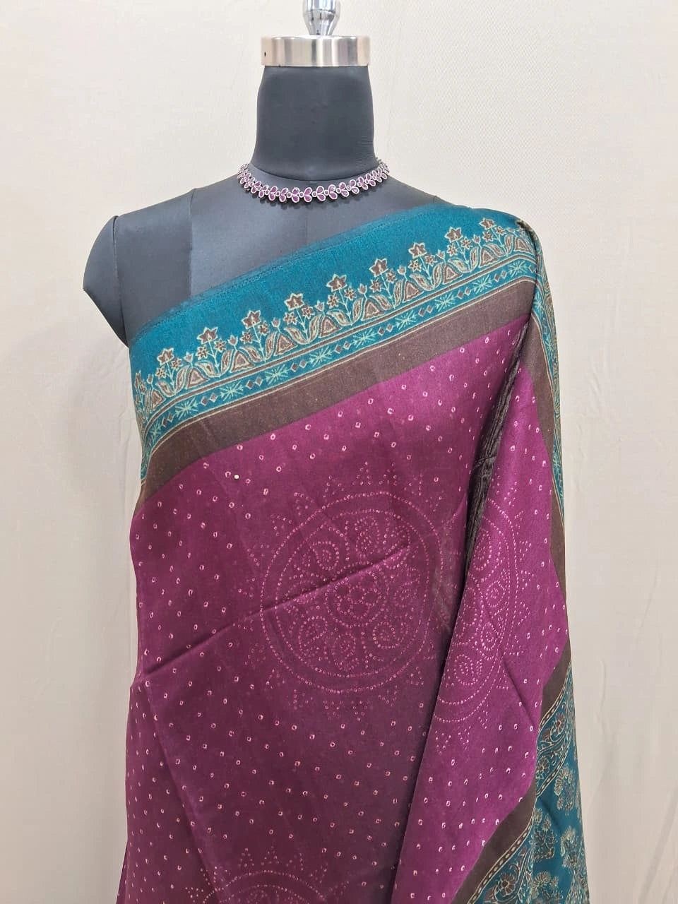 Wine Semi Tussar Saree with Cream Bandini Print 1
