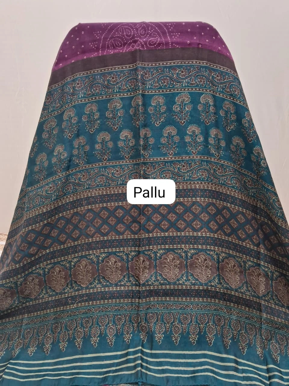 Wine Semi Tussar Saree with Cream Bandini Print Pallu