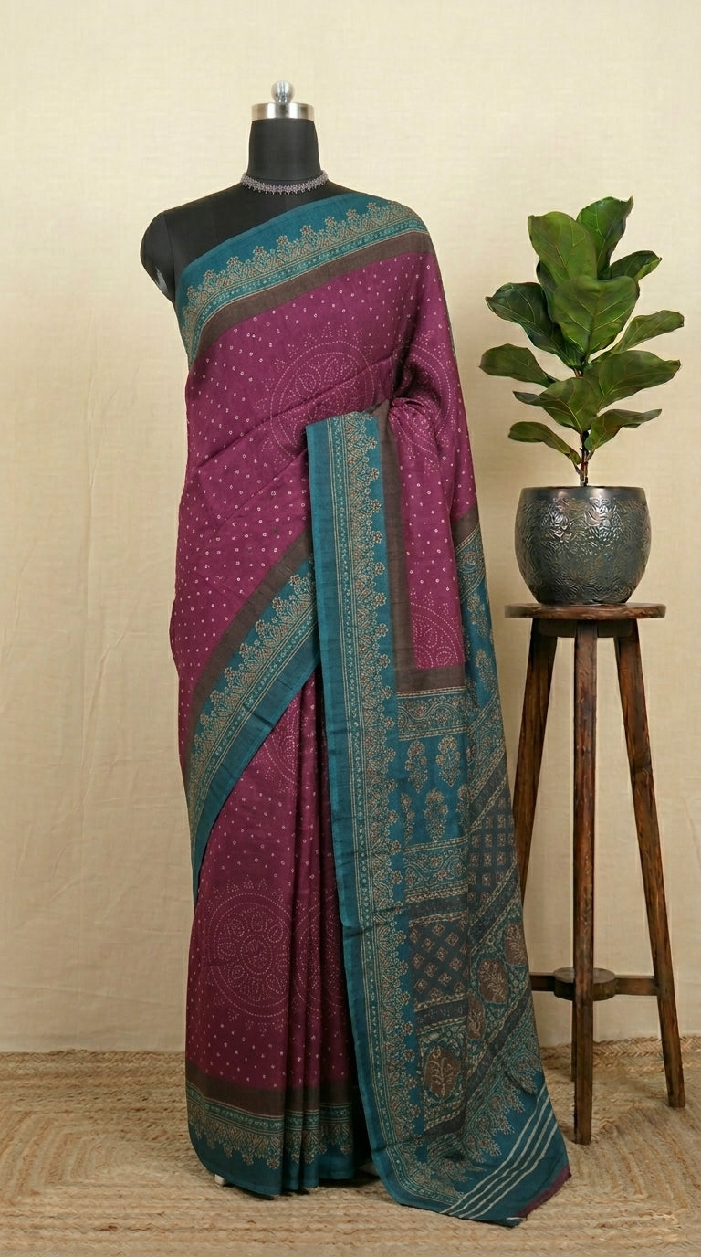 Wine Semi Tussar Saree with Cream Bandini Print