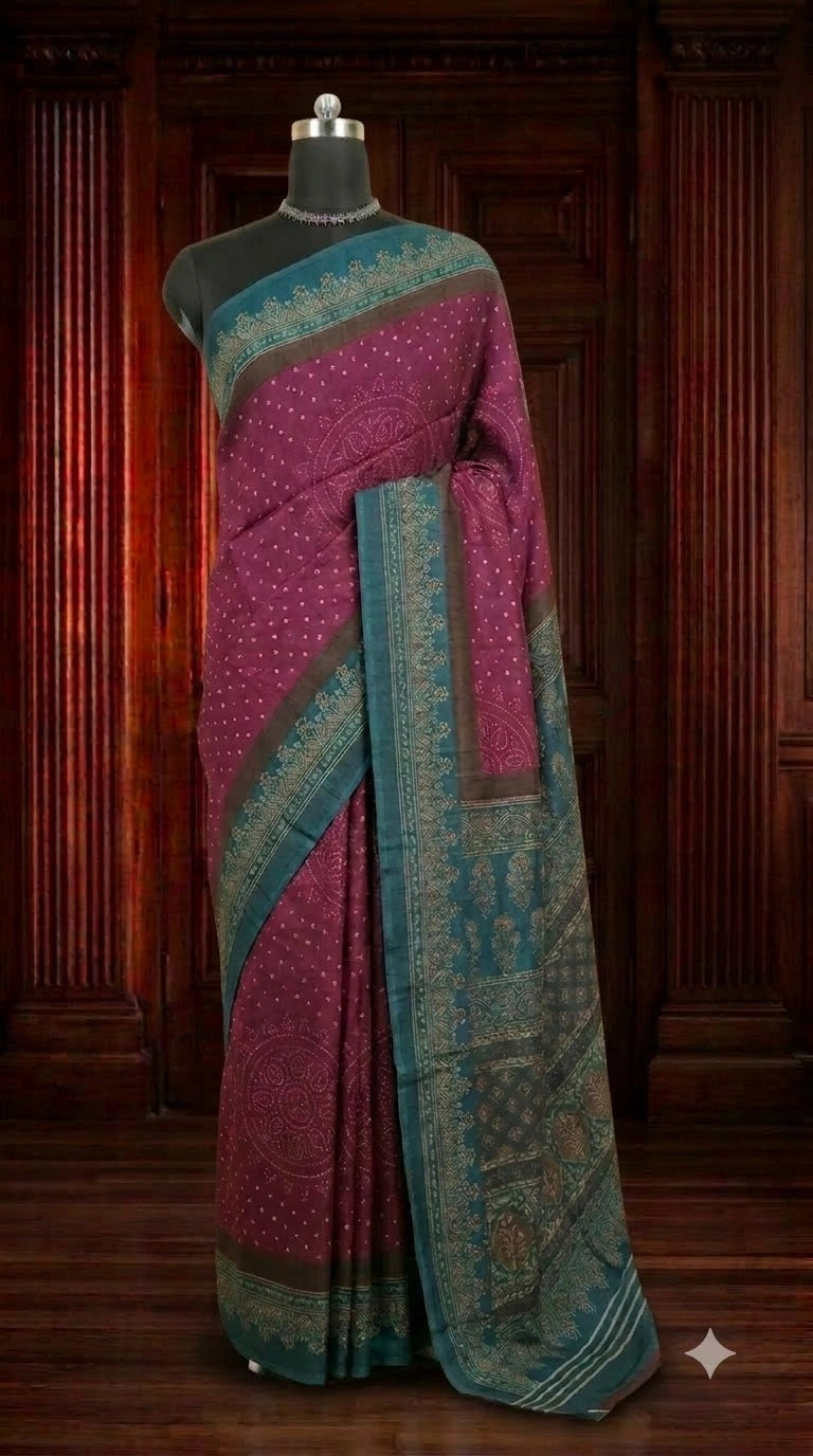 Wine Semi Tussar Saree with Cream Bandini Print