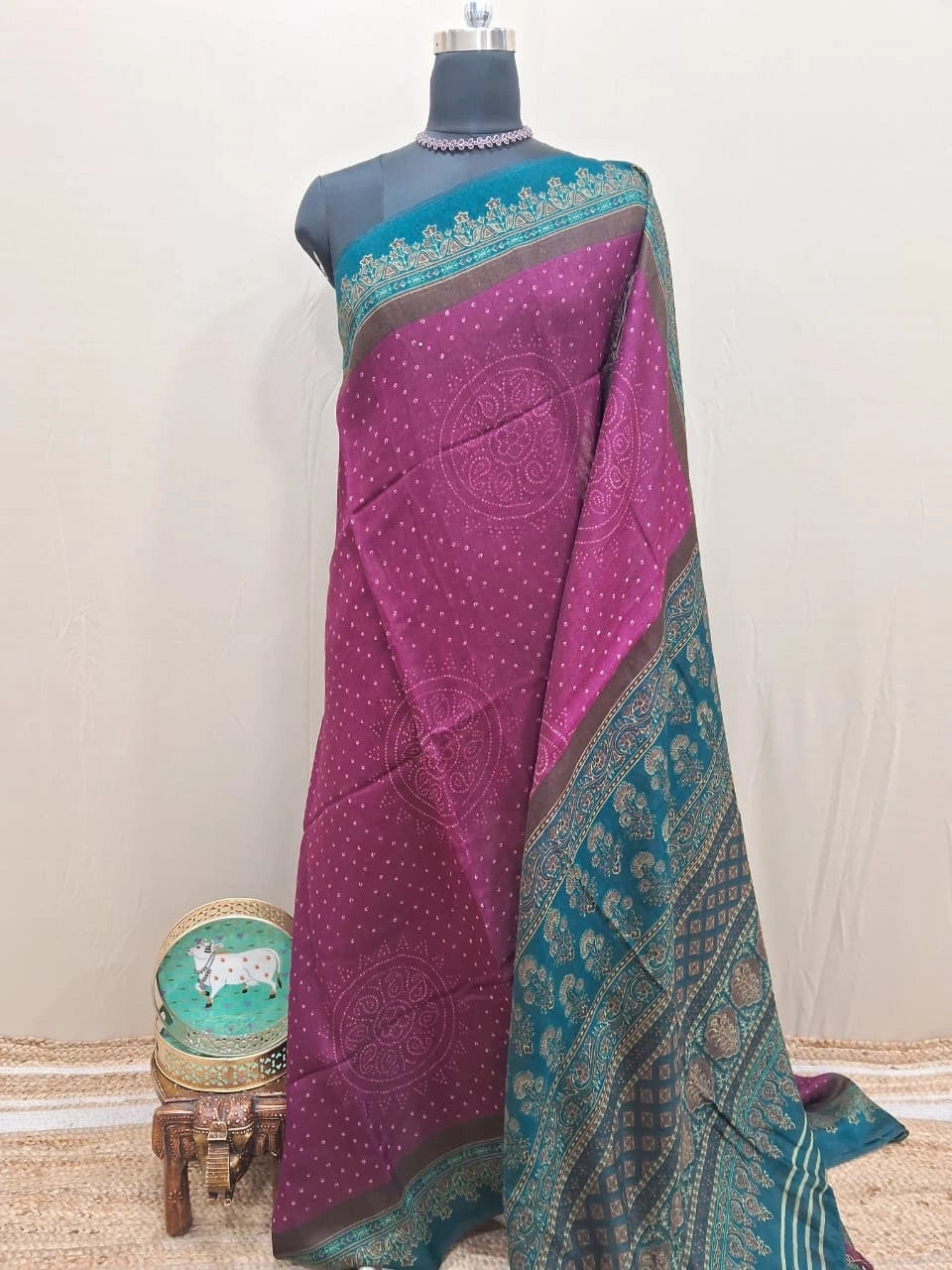 Wine Semi Tussar Saree with Cream Bandini Print