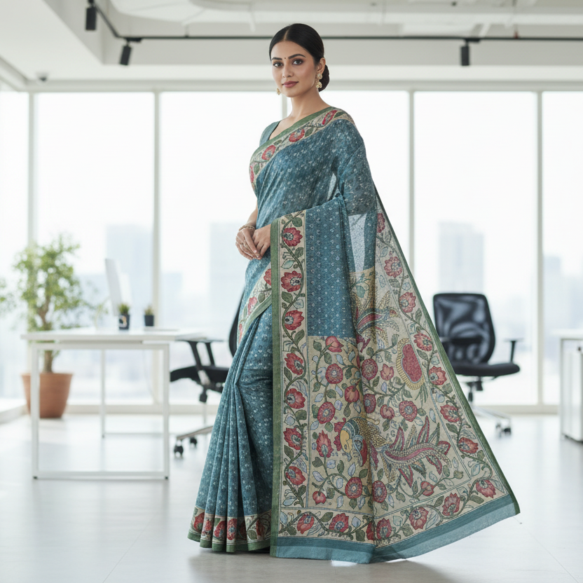 Soft Mint Blue Semi Tussar Saree