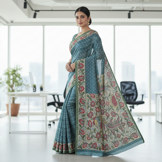 Soft Mint Blue Semi Tussar Saree
