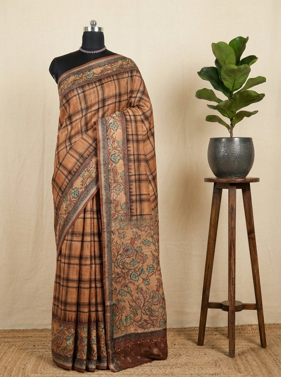 Light Brown Semi Tussar saree with a checks