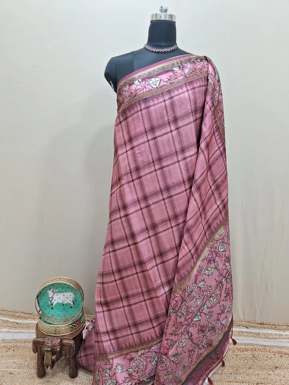 Onion Pink Semi Tussar Saree with a checks
