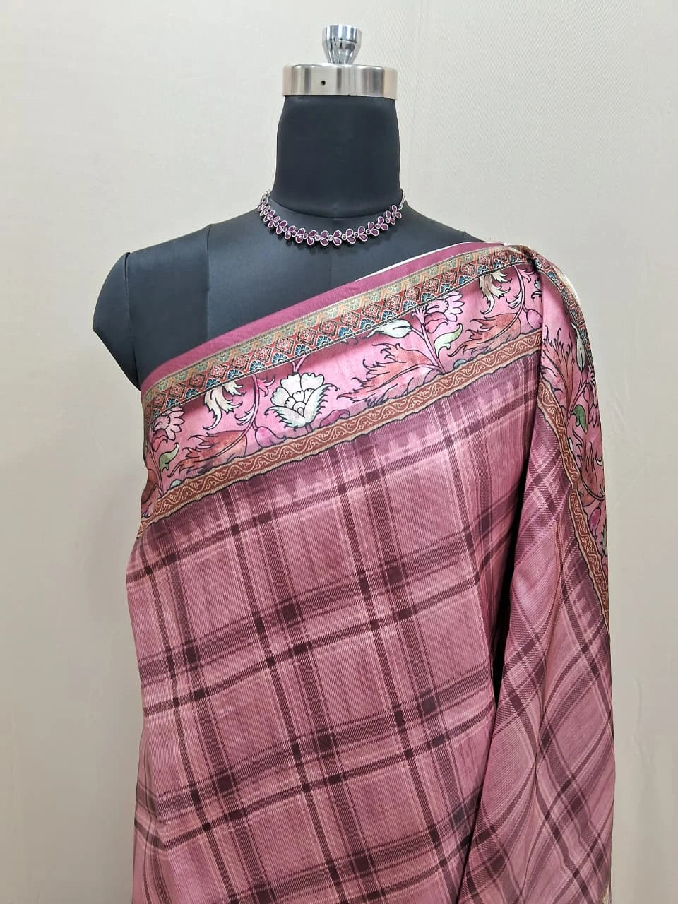 Onion Pink Semi Tussar Saree with a checks 1