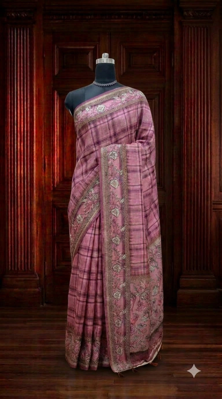 Onion Pink Semi Tussar Saree with checks