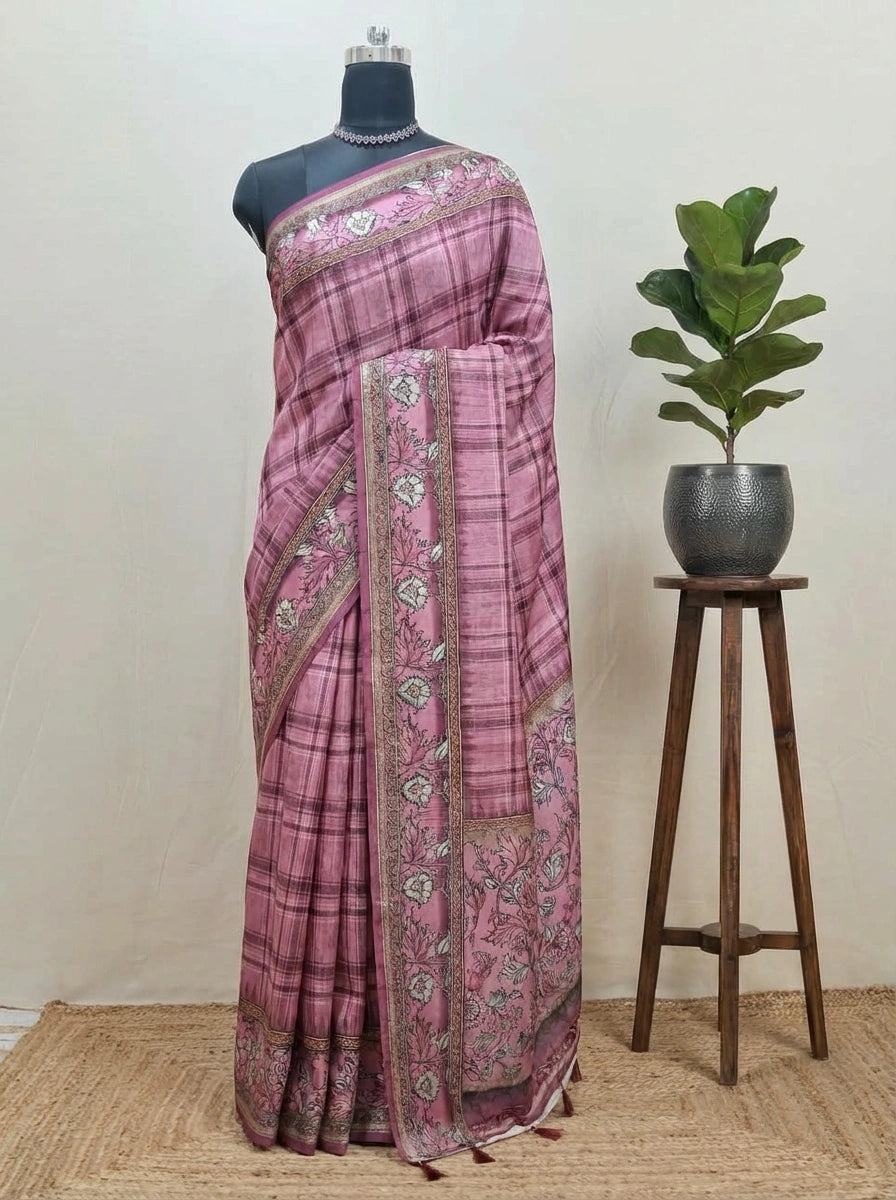 Onion Pink Semi Tussar Saree with checks