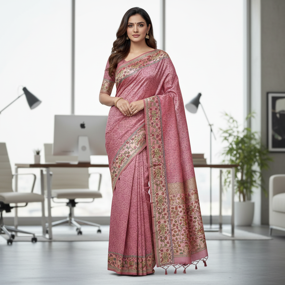 Onion Pink Semi Tussar Saree