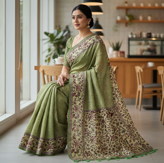 Leaf Green Semi Tussar Saree