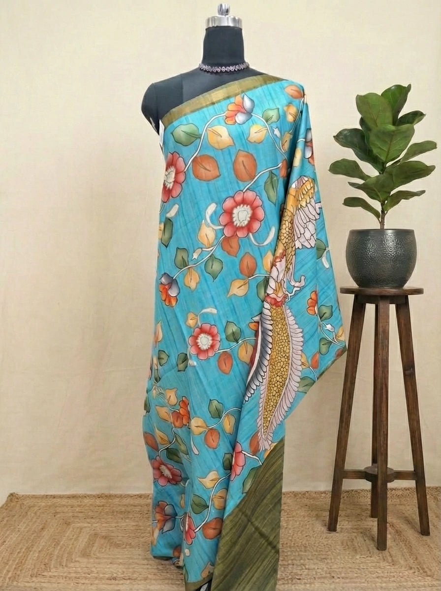 Sky Blue Pure Semi Tussar Silk Saree