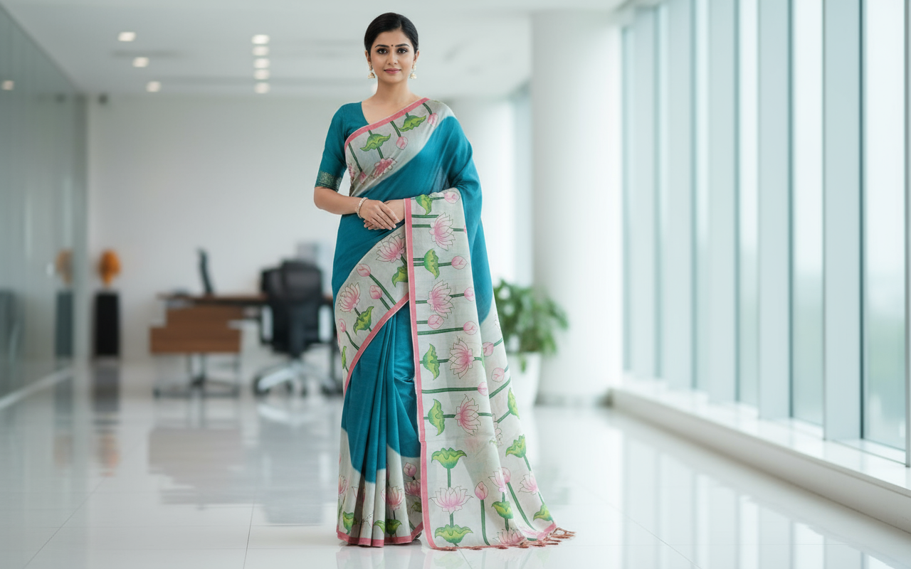 Teal Blue semi Tussar Saree