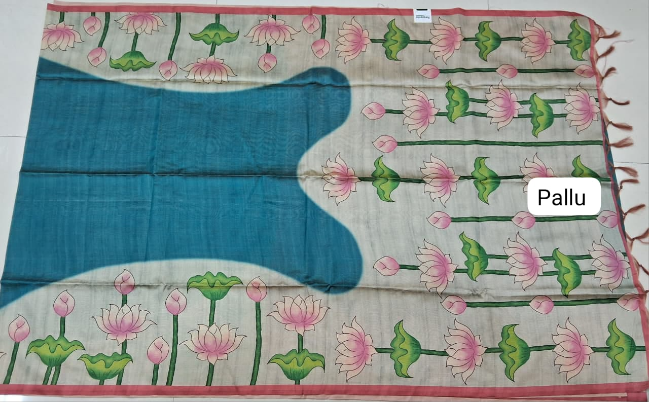 Teal Blue semi Tussar Saree  Pallu